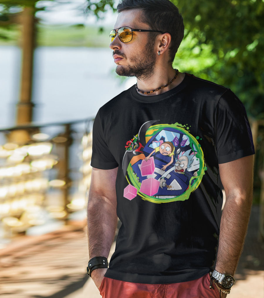Rick And Morty In Cyber Portal Adventure With Pink Cubes And Alien Figures T-Shirt