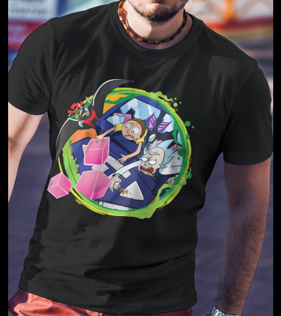 Rick And Morty In Cyber Portal Adventure With Pink Cubes And Alien Figures T-Shirt