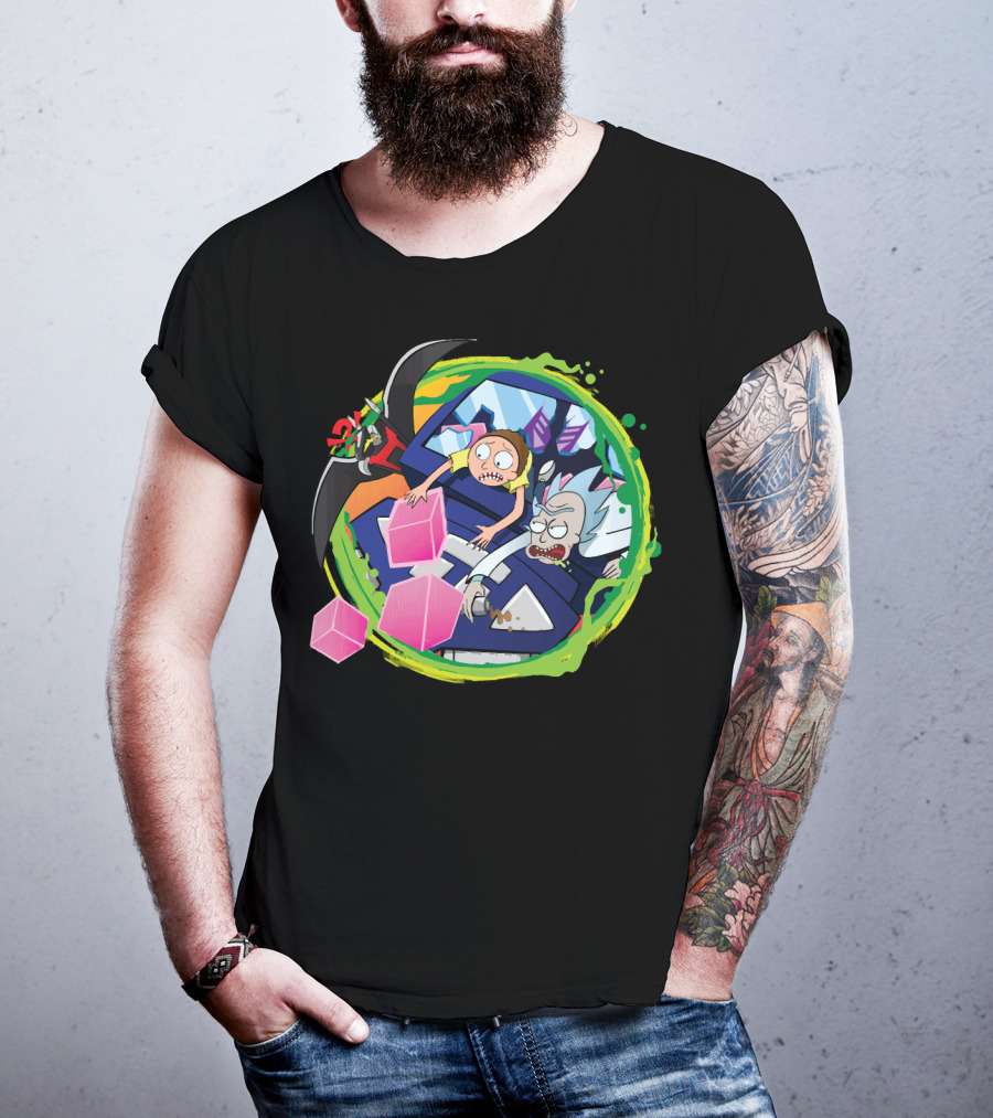 Rick And Morty In Cyber Portal Adventure With Pink Cubes And Alien Figures T-Shirt