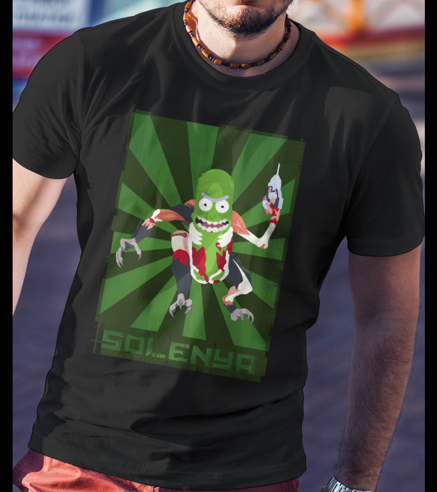 SOLENYA Mutant Pickle Character With Tools And Green Background T-Shirt