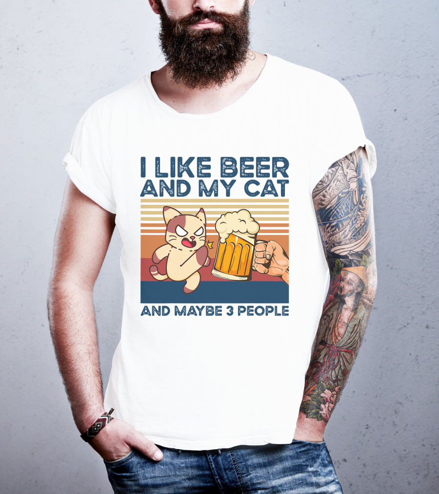 I Like Beer And My Cat And Maybe 3 People Vintage Style Retro Cat Lover T-Shirt