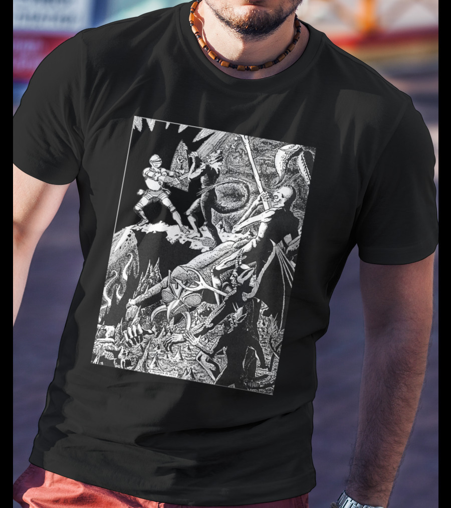 PALADIN IN HELL Classic Dungeon Adventure Battle Scene With Demons And Warriors T-Shirt