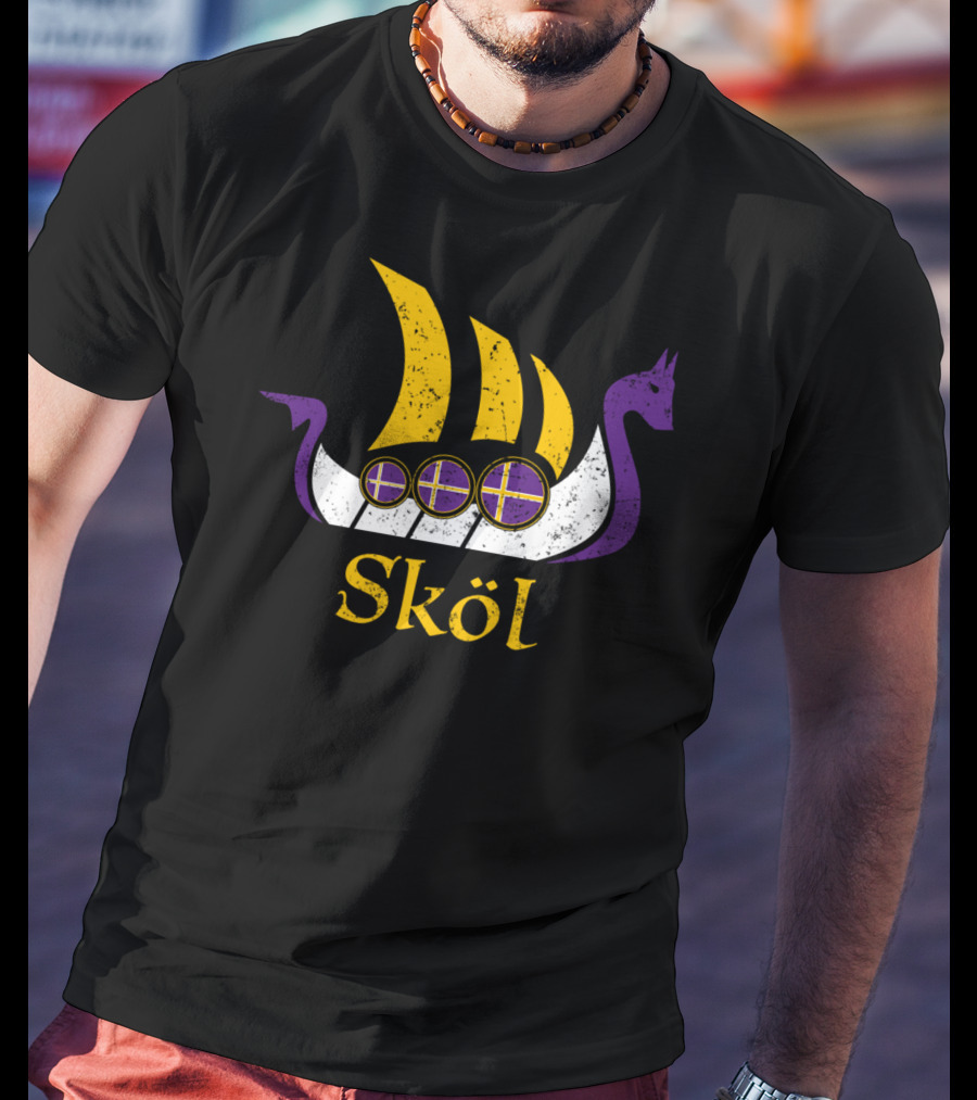 Skol Nordic Scandinavian Vikings Boat With Purple And Yellow Dragon Head T-Shirt
