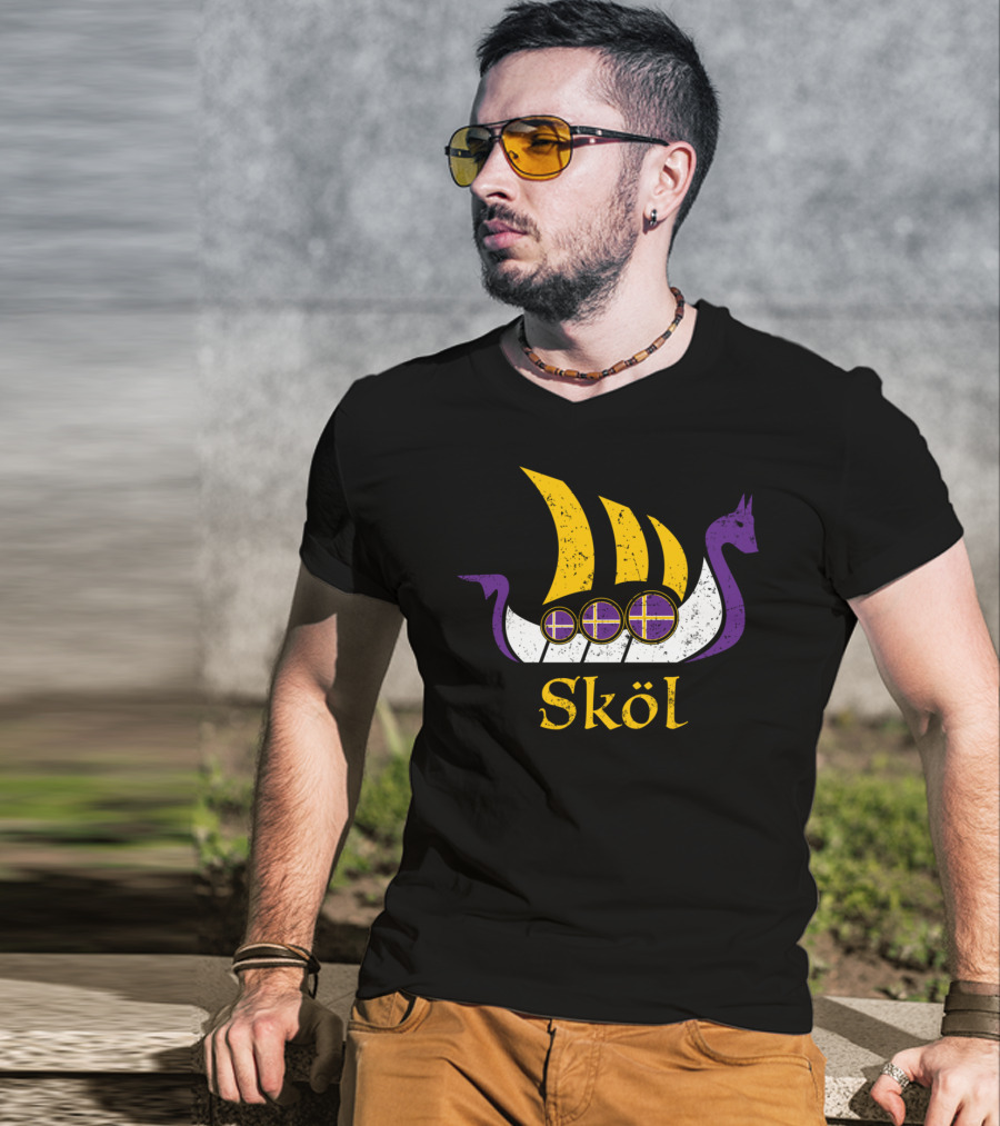 Skol Nordic Scandinavian Vikings Boat With Purple And Yellow Dragon Head T-Shirt