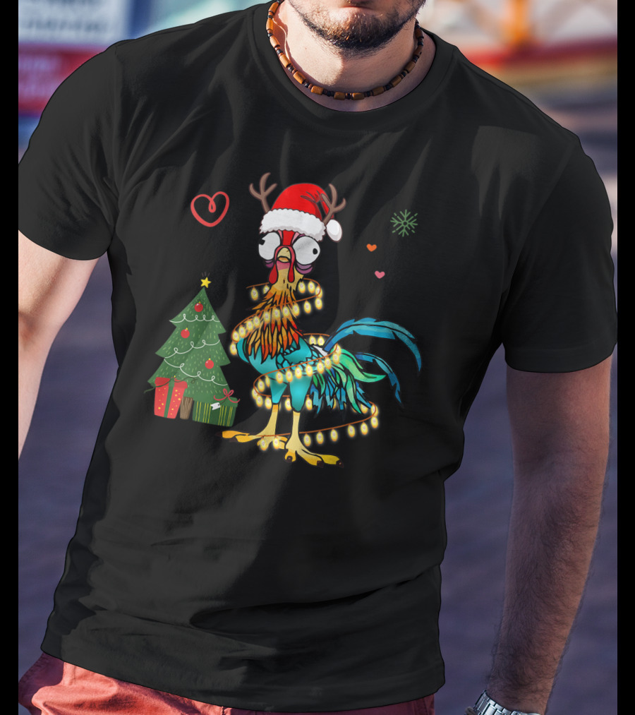 Chicken Reindeer Christmas Lights Santa Hat Christmas Tree T-Shirt