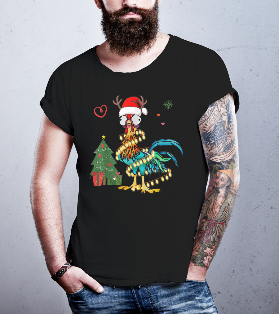 Chicken Reindeer Christmas Lights Santa Hat Christmas Tree T-Shirt