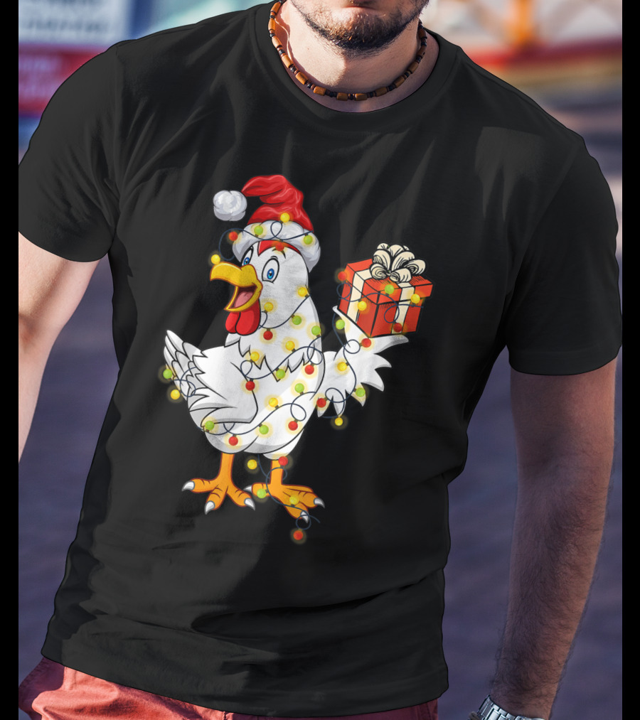 Funny Chicken Wrapped In Christmas Lights With Santa Hat And Gift T-Shirt
