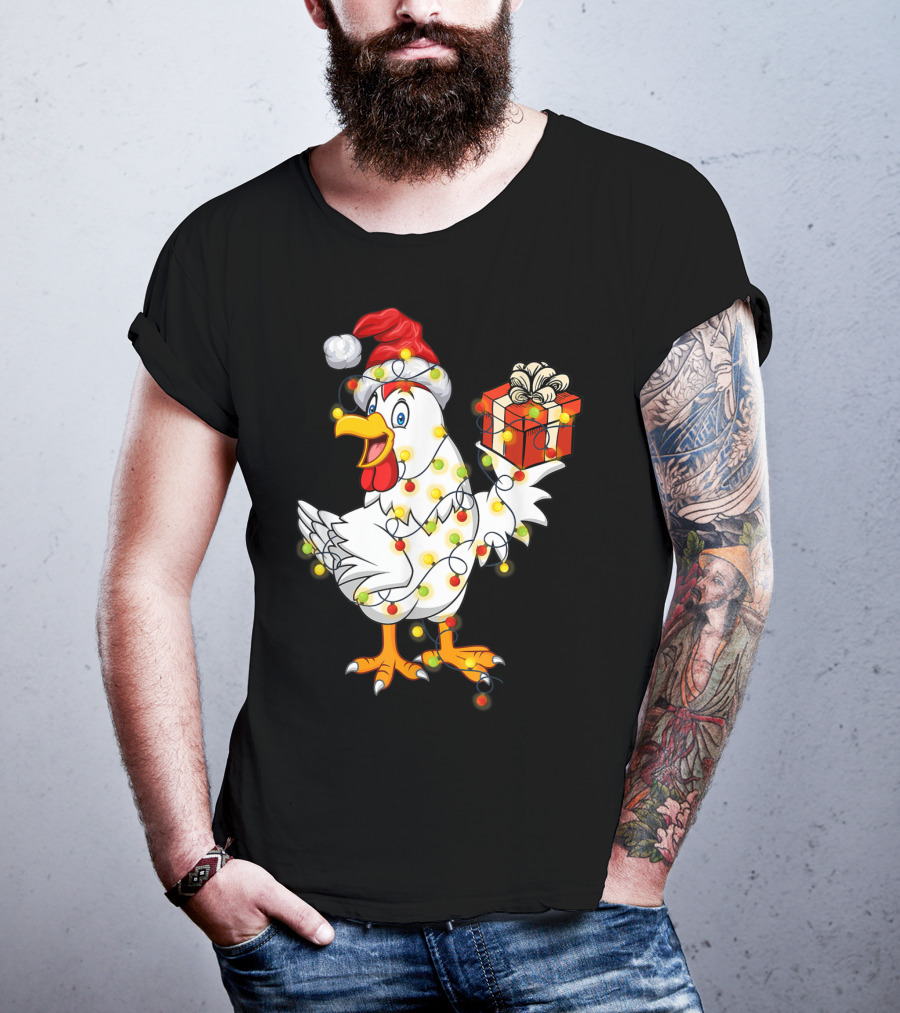 Funny Chicken Wrapped In Christmas Lights With Santa Hat And Gift T-Shirt