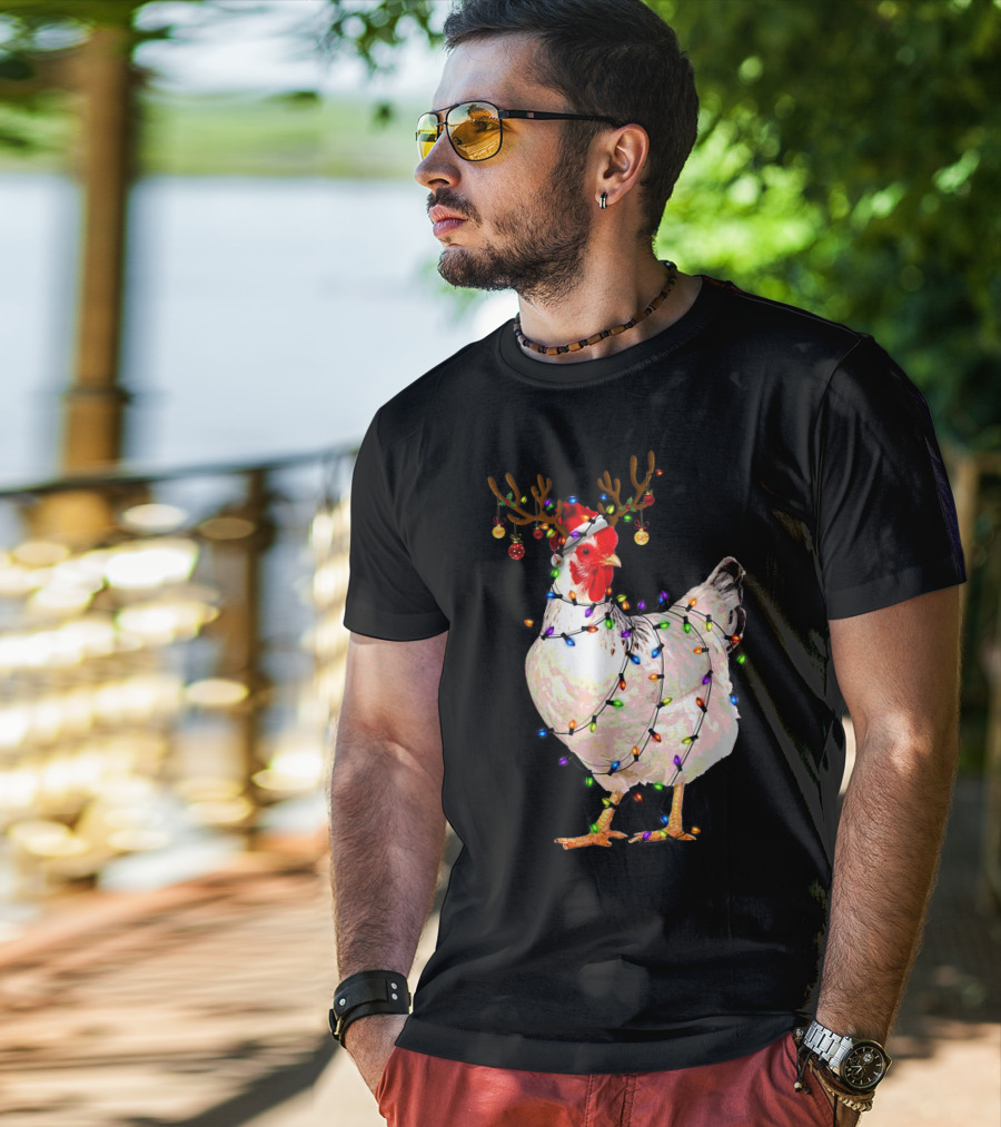 Funny Chicken Wearing Reindeer Antlers And Christmas Lights T-Shirt