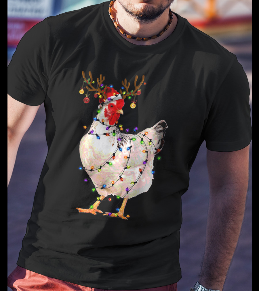 Funny Chicken Wearing Reindeer Antlers And Christmas Lights T-Shirt