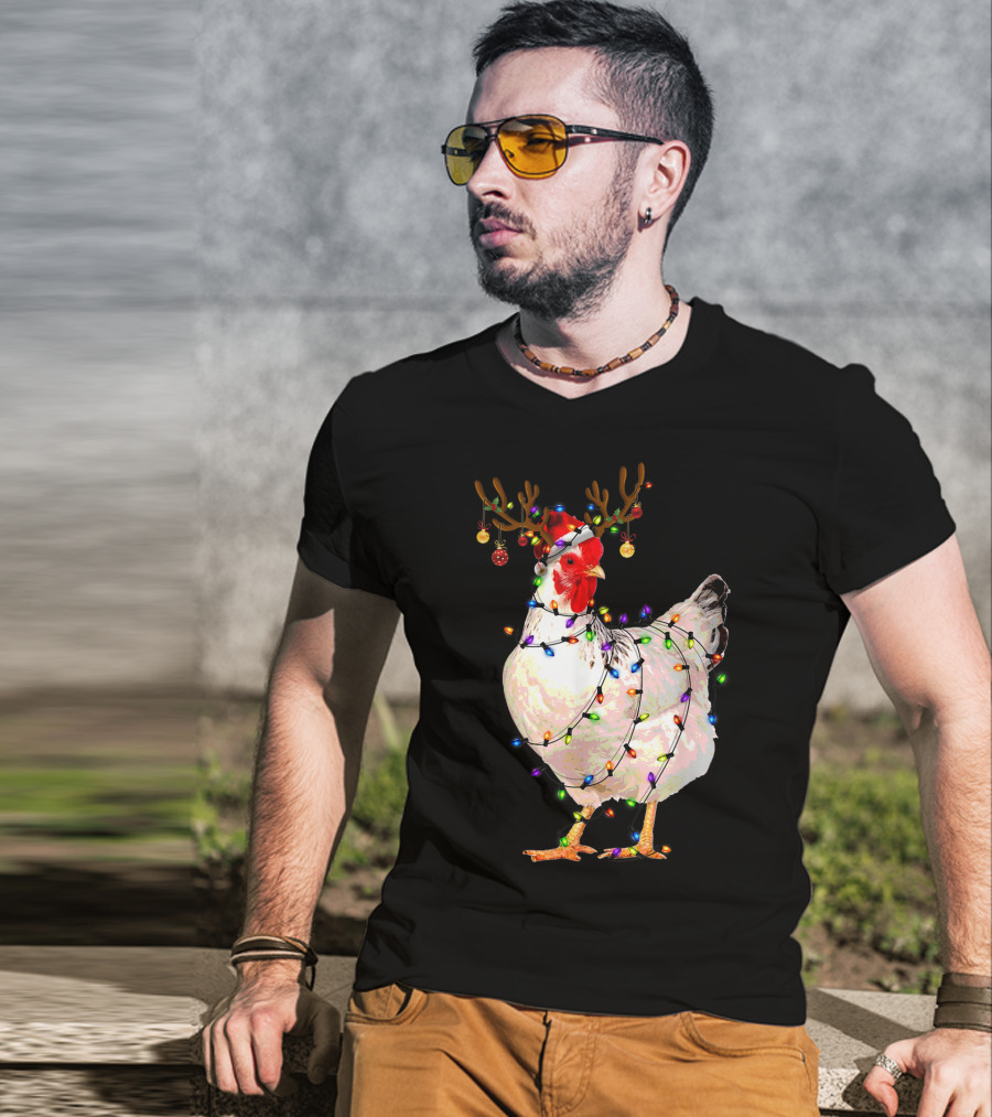 Funny Chicken Wearing Reindeer Antlers And Christmas Lights T-Shirt