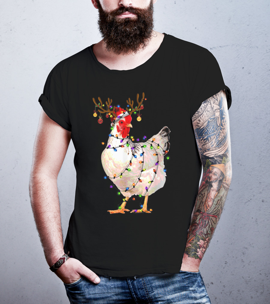 Funny Chicken Wearing Reindeer Antlers And Christmas Lights T-Shirt