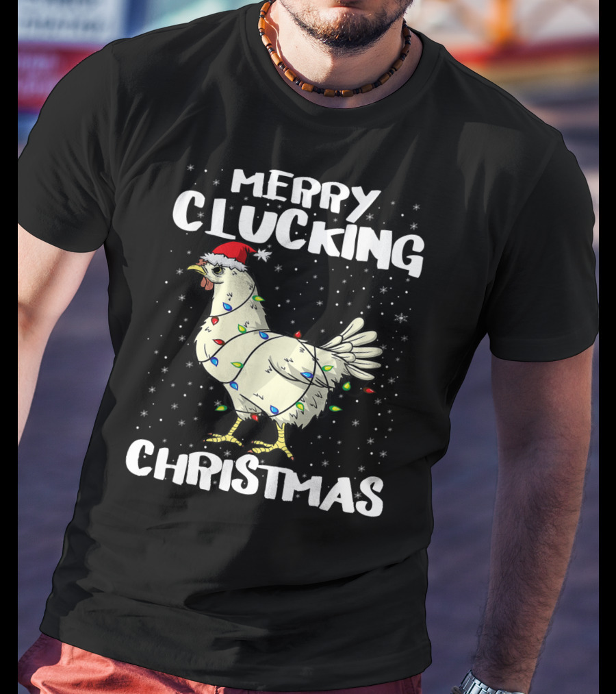 Merry Clucking Christmas Chicken Santa Hat Lights T-Shirt
