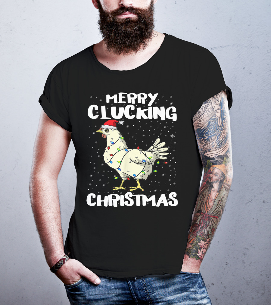 Merry Clucking Christmas Chicken Santa Hat Lights T-Shirt