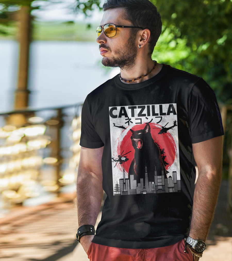 Catzilla Japanese Sunset Helicopters Cityscape Skyscraper Tower T-Shirt