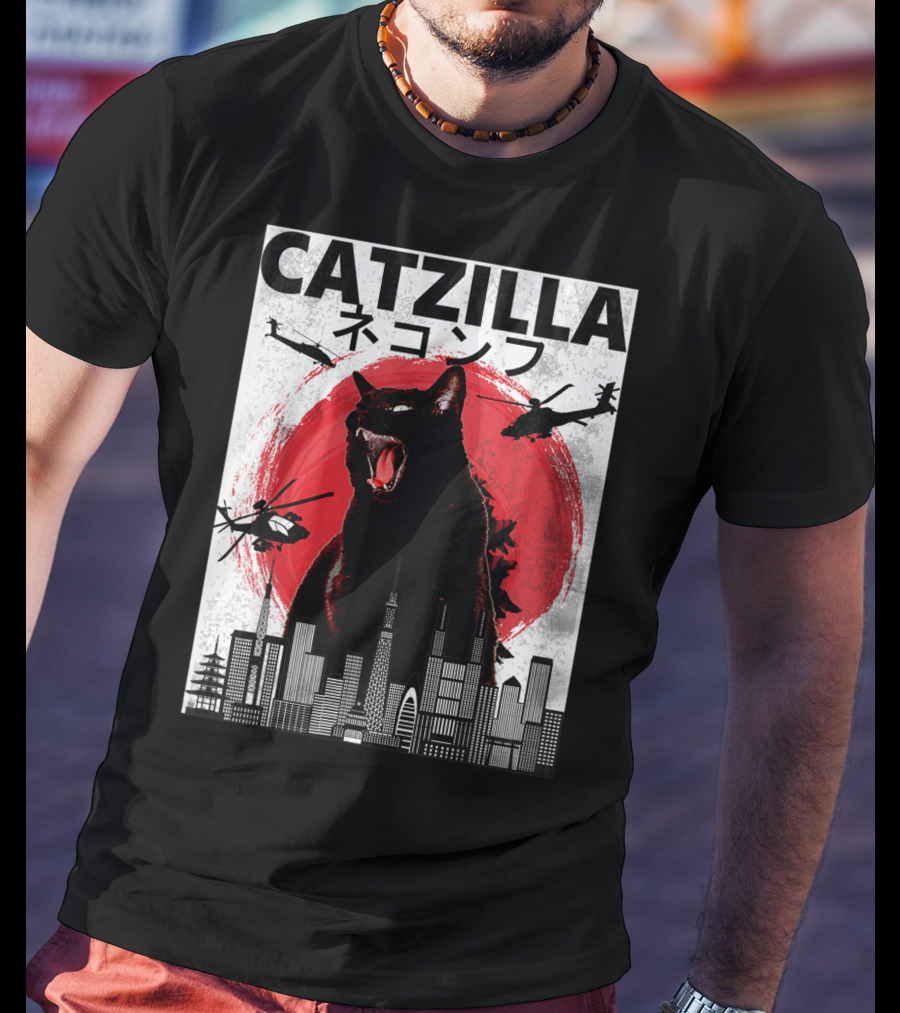 Catzilla Japanese Sunset Helicopters Cityscape Skyscraper Tower T-Shirt