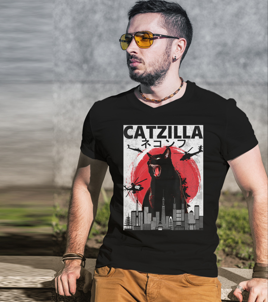 Catzilla Japanese Sunset Helicopters Cityscape Skyscraper Tower T-Shirt