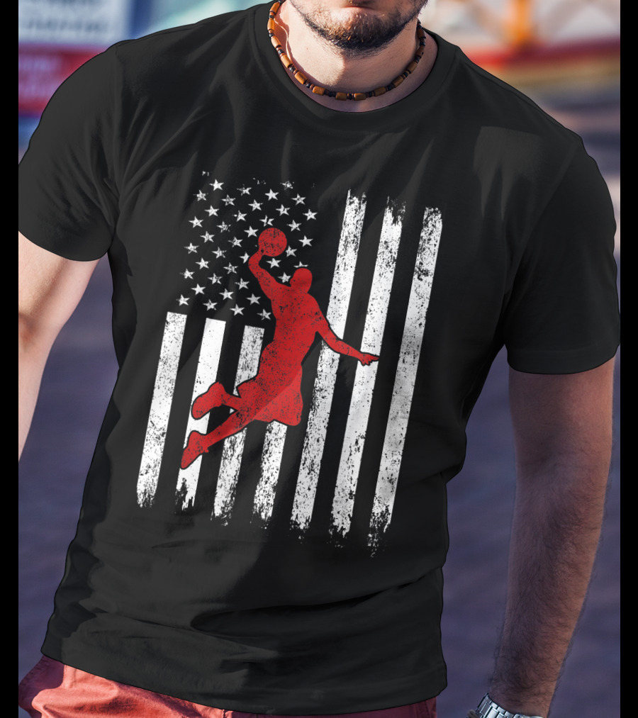Proud American Basketball Vintage Flag Dunking T-Shirt