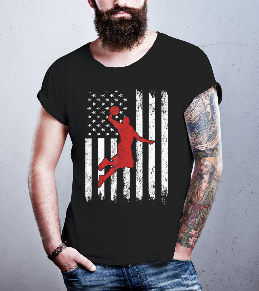 Proud American Basketball Vintage Flag Dunking T-Shirt