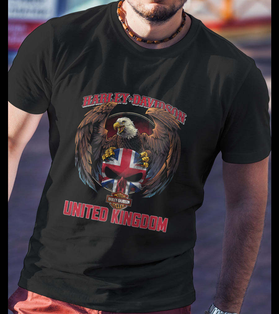 Harley Davidson Motor Cycles United Kingdom Eagle And Union Jack Skull T-Shirt