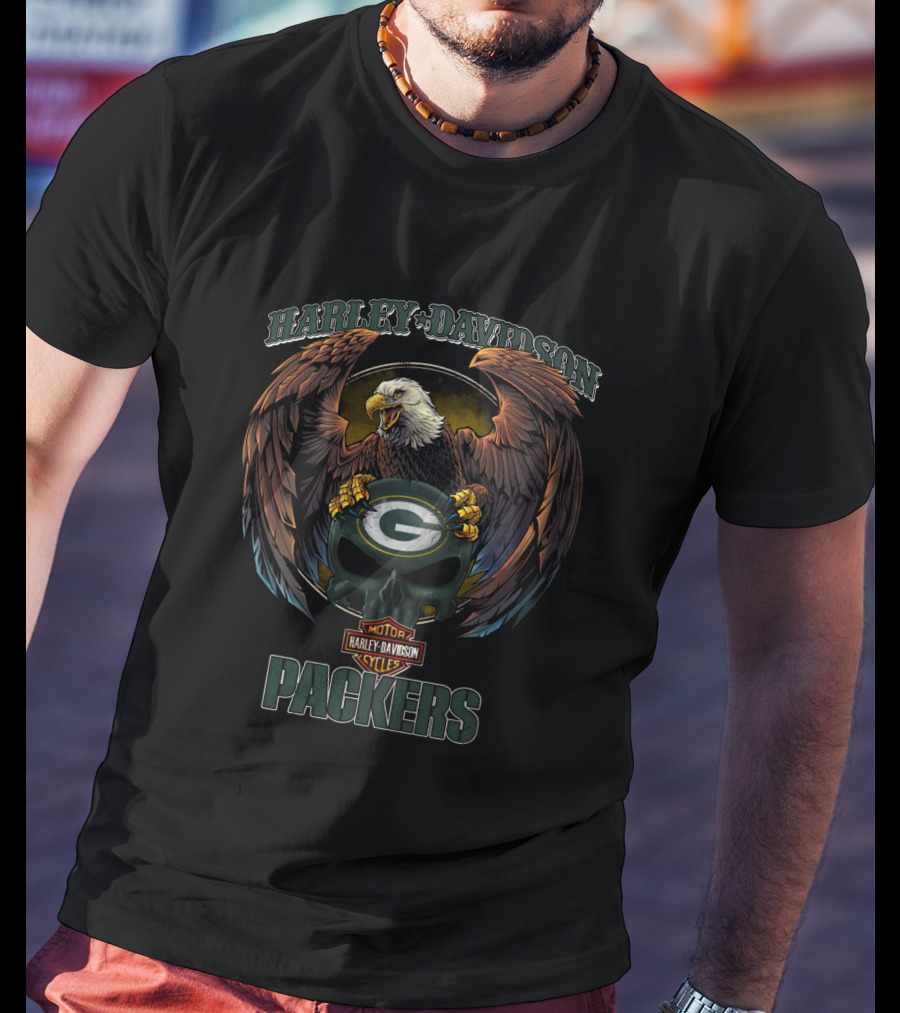 Harley Davidson Green Bay Packers Eagle Motor Cycles T-Shirt