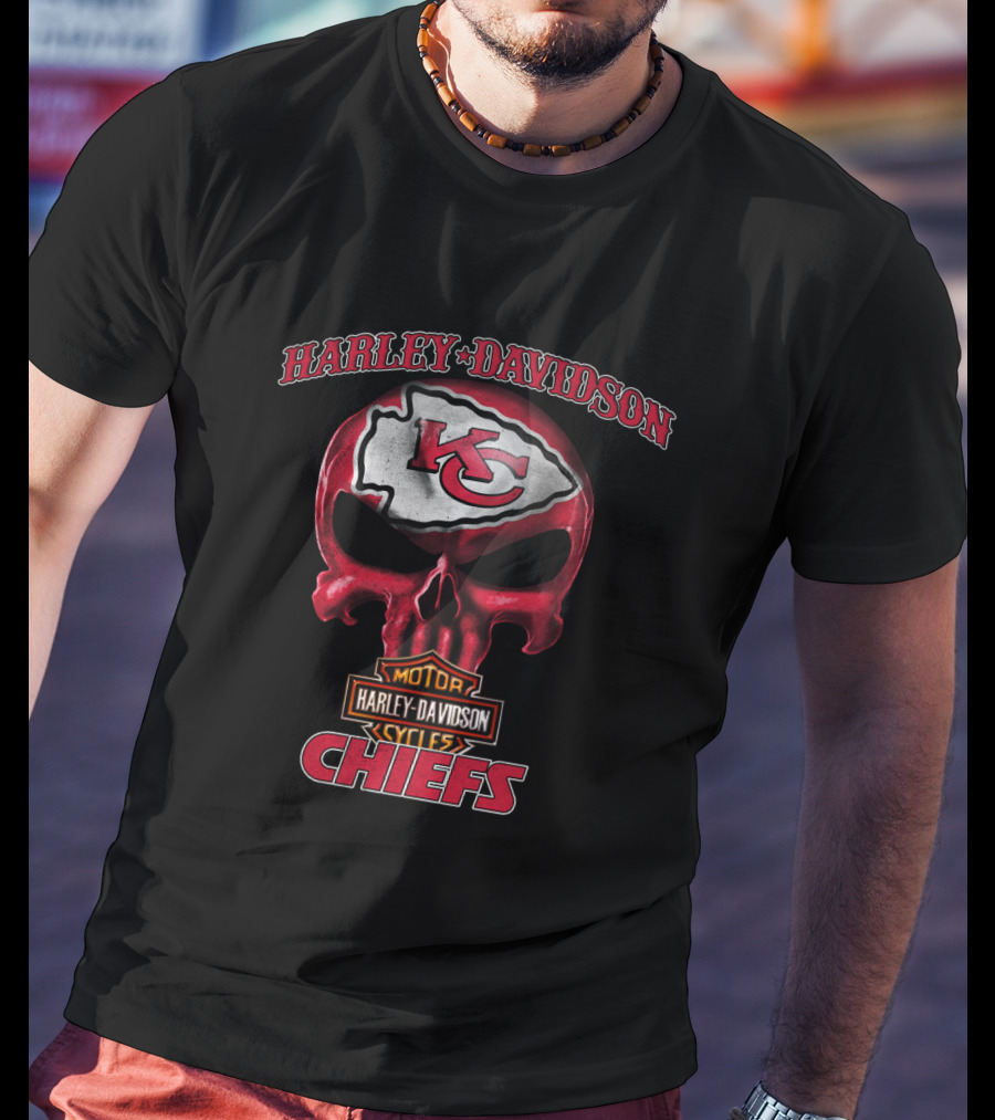 Harley Davidson Kansas City Chiefs Skull Hl Nfl Motor Cycles T-Shirt