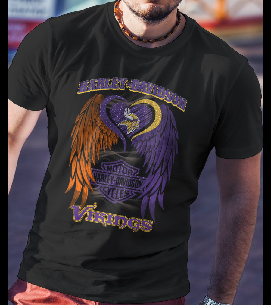Harley Davidson Motor Cycles Minnesota Vikings Winged Heart T-Shirt