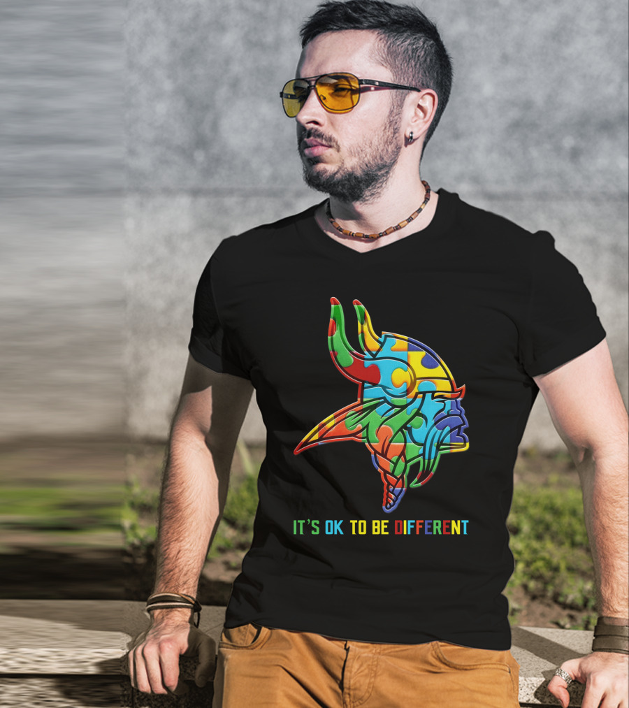 Vikings It's OK To Be Different Colorful Puzzle Viking Helmet T-Shirt