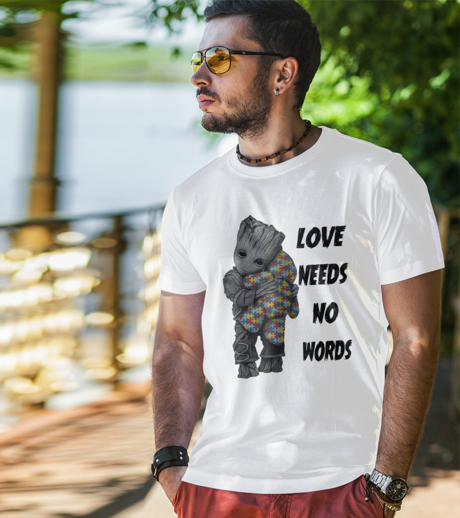Love Needs No Words Groot Hugging Puzzle Piece Autism Awareness T-Shirt