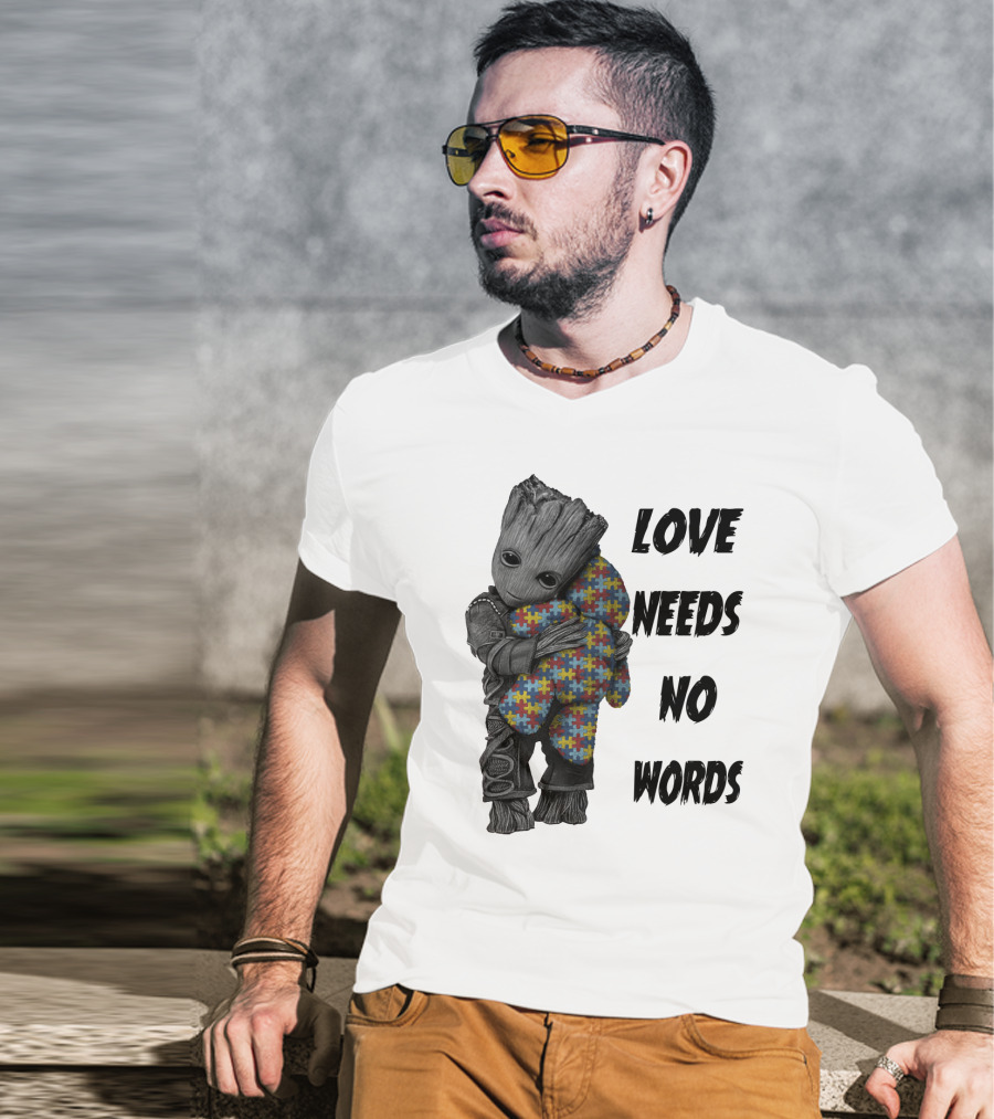 Love Needs No Words Groot Hugging Puzzle Piece Autism Awareness T-Shirt
