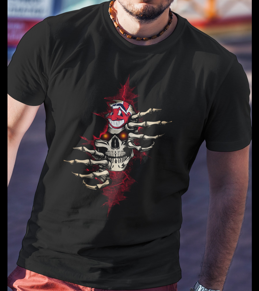 Skull Indians Chief Wahoo Red Eyes Skeletal Hands T-Shirt
