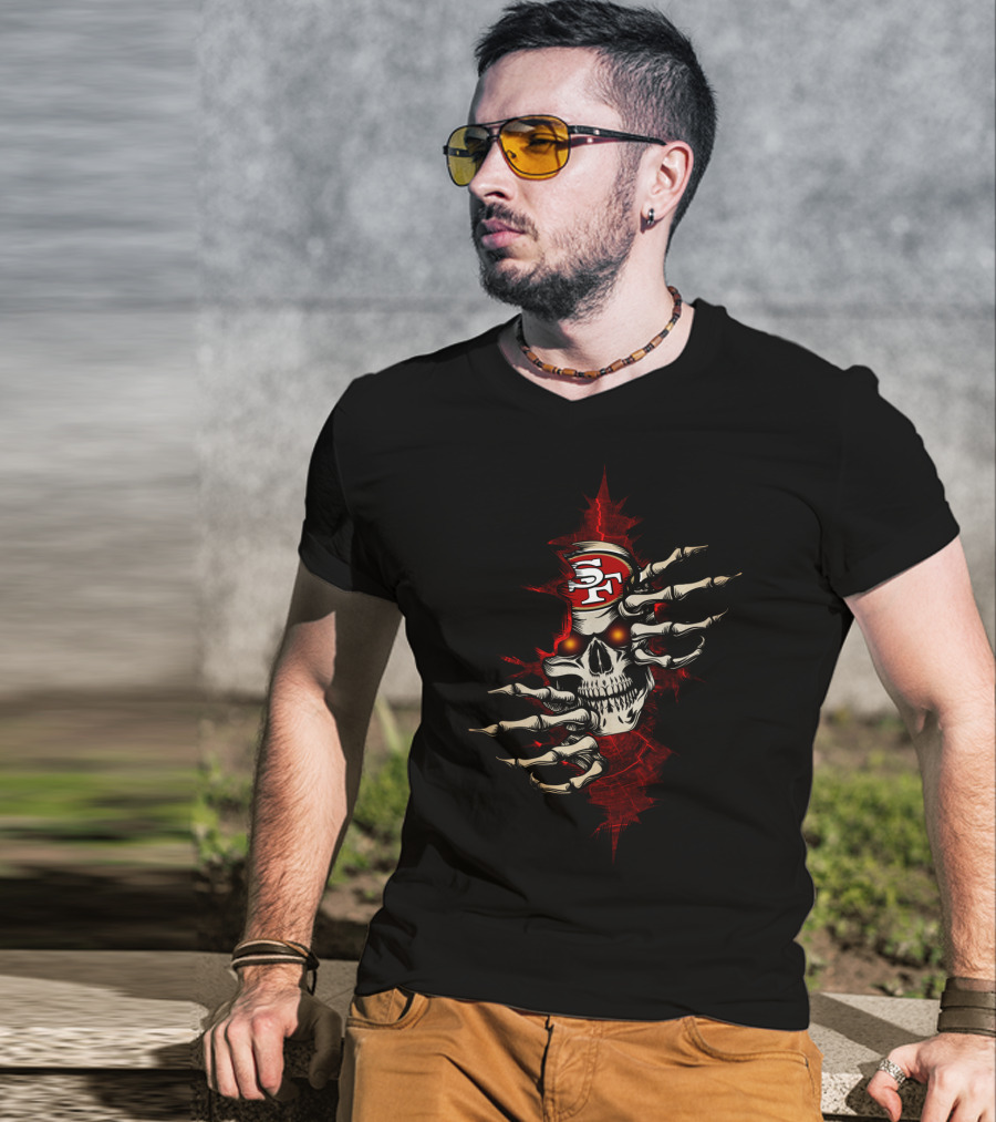 Skull With 49ers Logo And Skeleton Hands T-Shirt