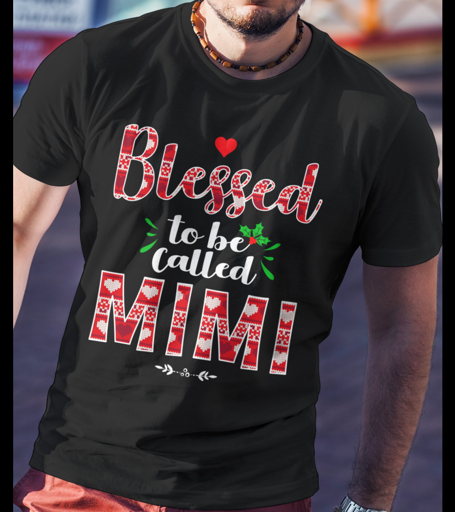 Blessed To Be Called Mimi Holiday Knit Pattern Heart And Holly T-Shirt