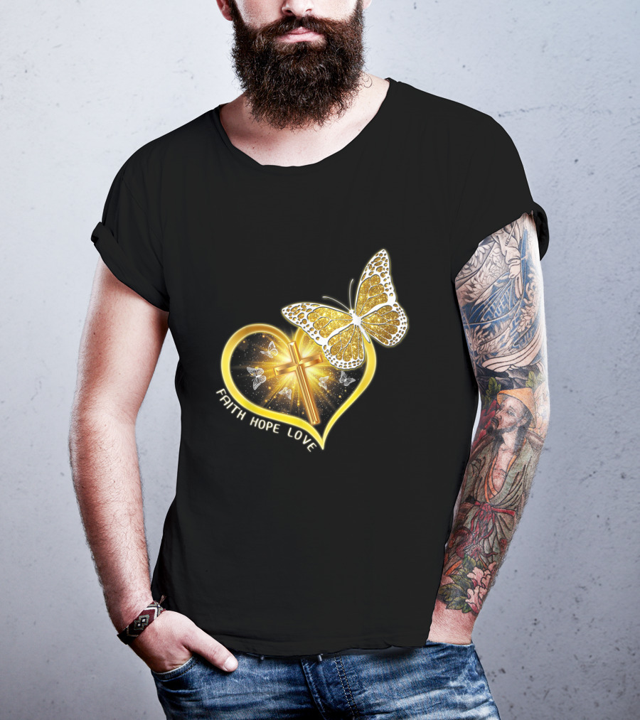 Faith Hope Love Butterfly Heart Christian Cross Jesus T-Shirt