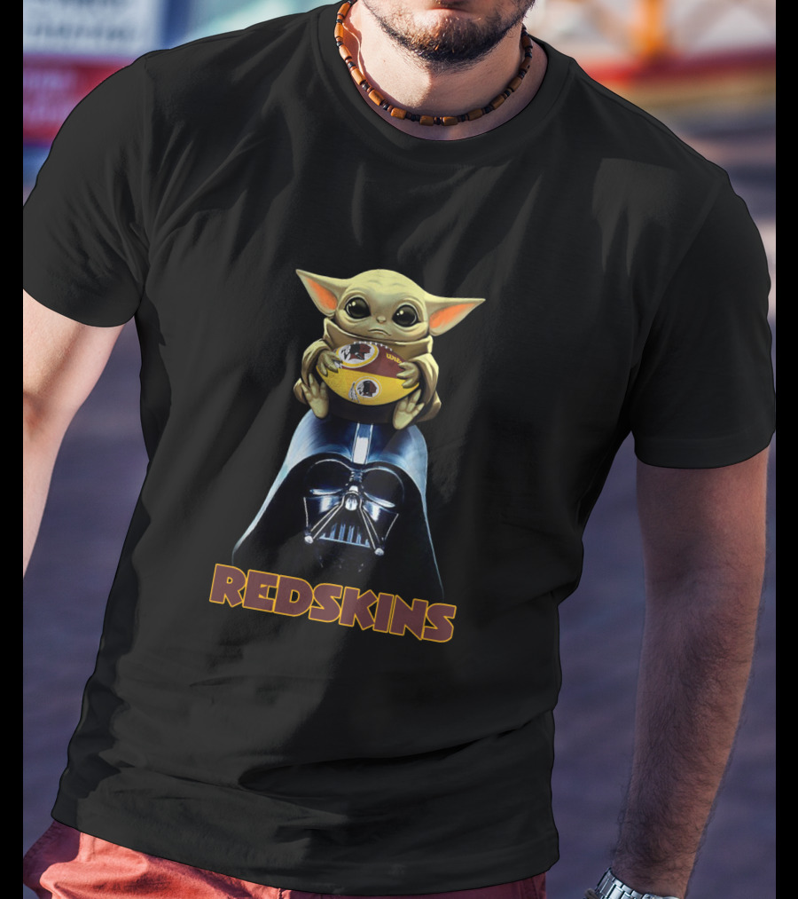 Redskins Baby Yoda Holding Football On Darth Vader Helmet T-Shirt