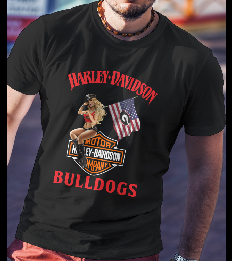 Harley Davidson Motor Company Bulldogs American Flag Girl T-Shirt