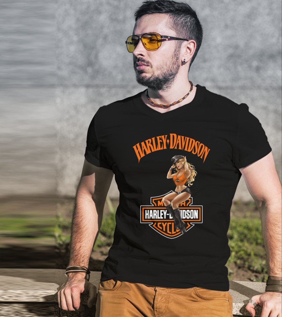 Harley Davidson Motorcycles Logo With Pin-Up Girl T-Shirt