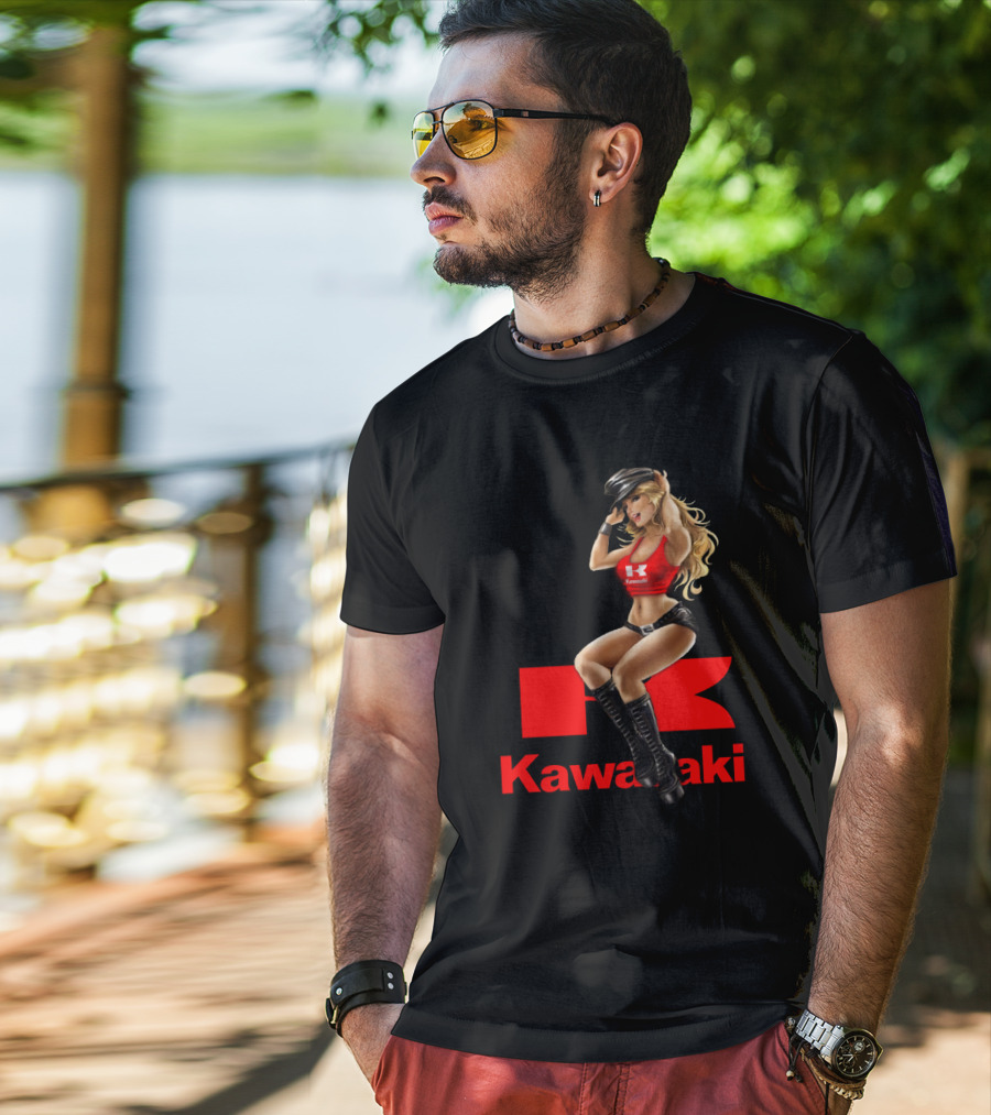 Kawasaki Girl In Red And Black Outfit With Cap And Boots T-Shirt