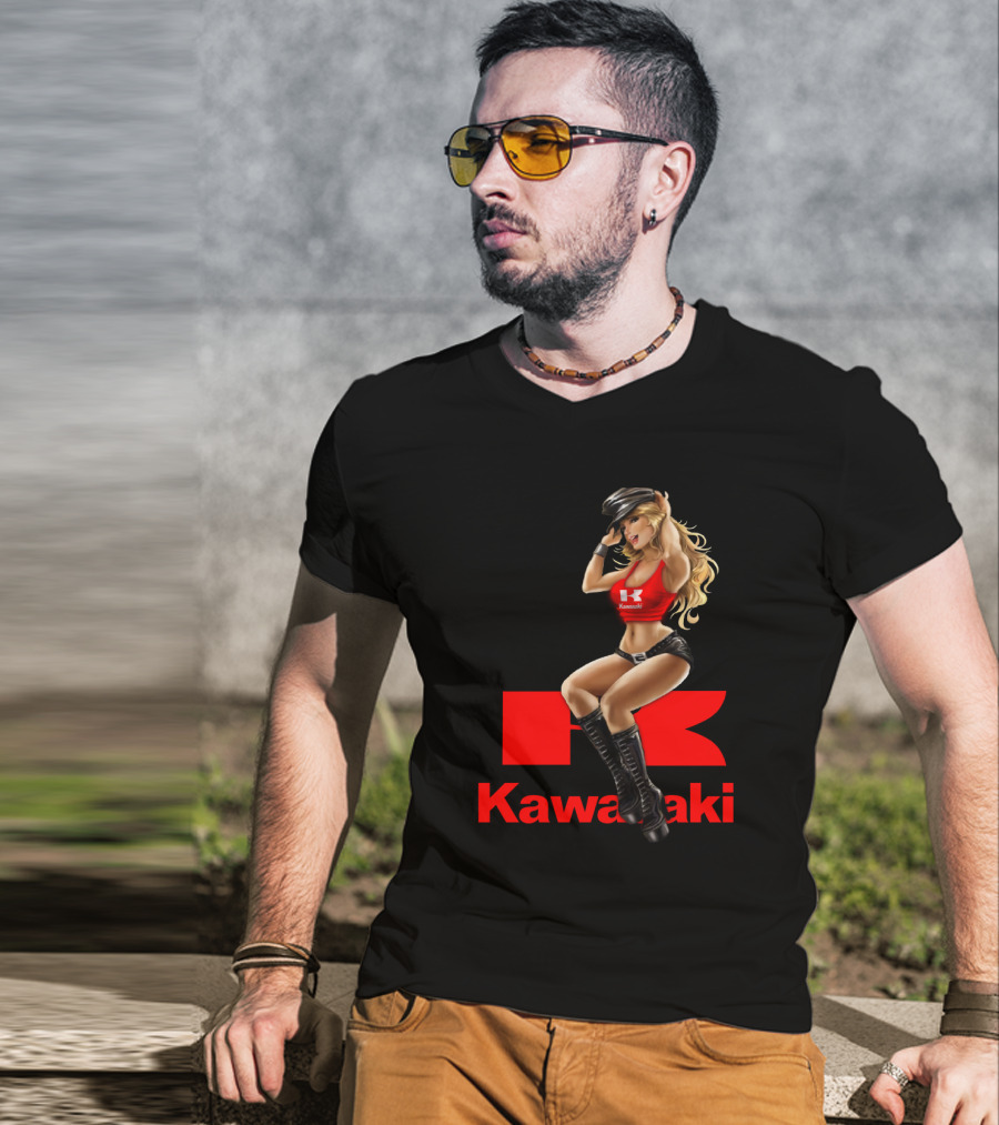 Kawasaki Girl In Red And Black Outfit With Cap And Boots T-Shirt