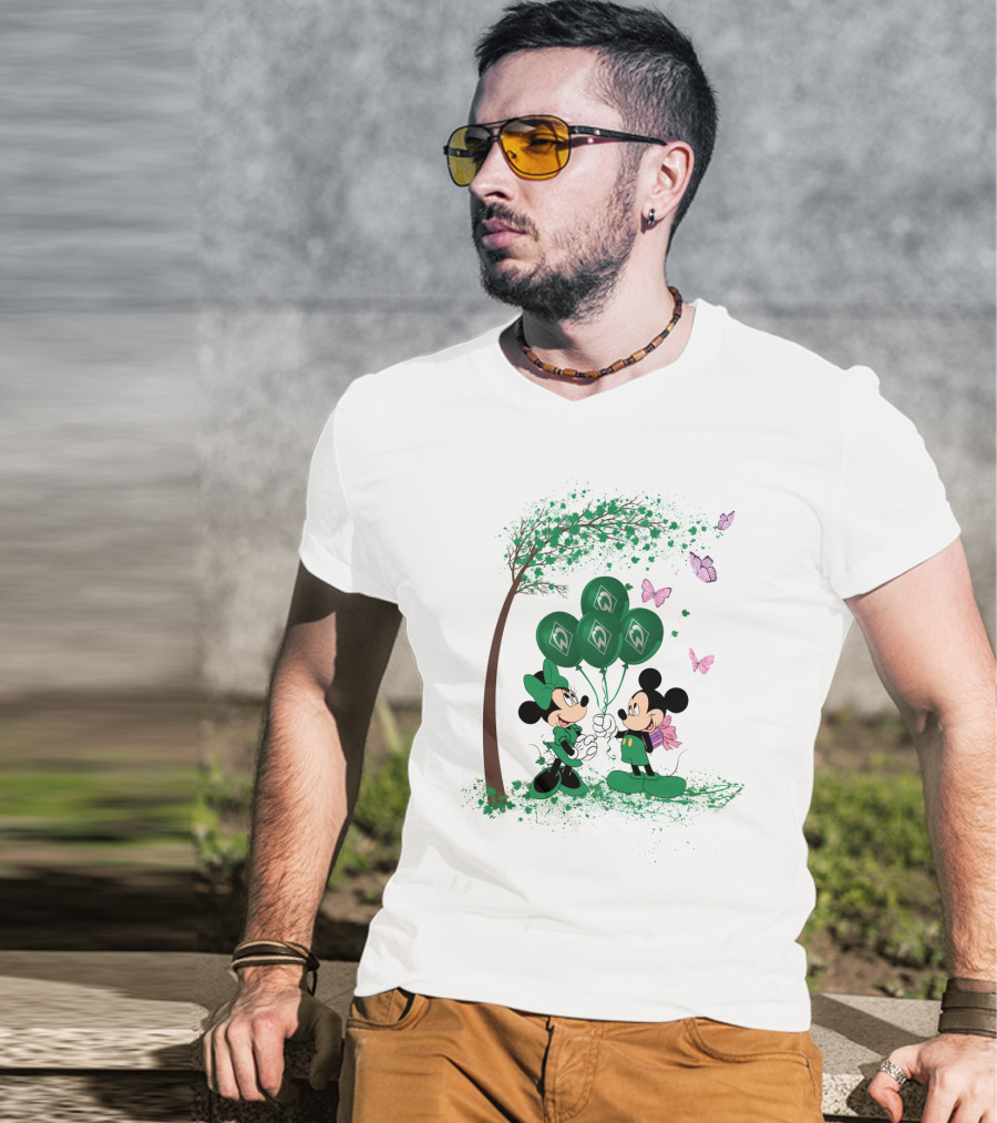Minnie And Mickey With Green Werder Bremen Balloons Scene T-Shirt