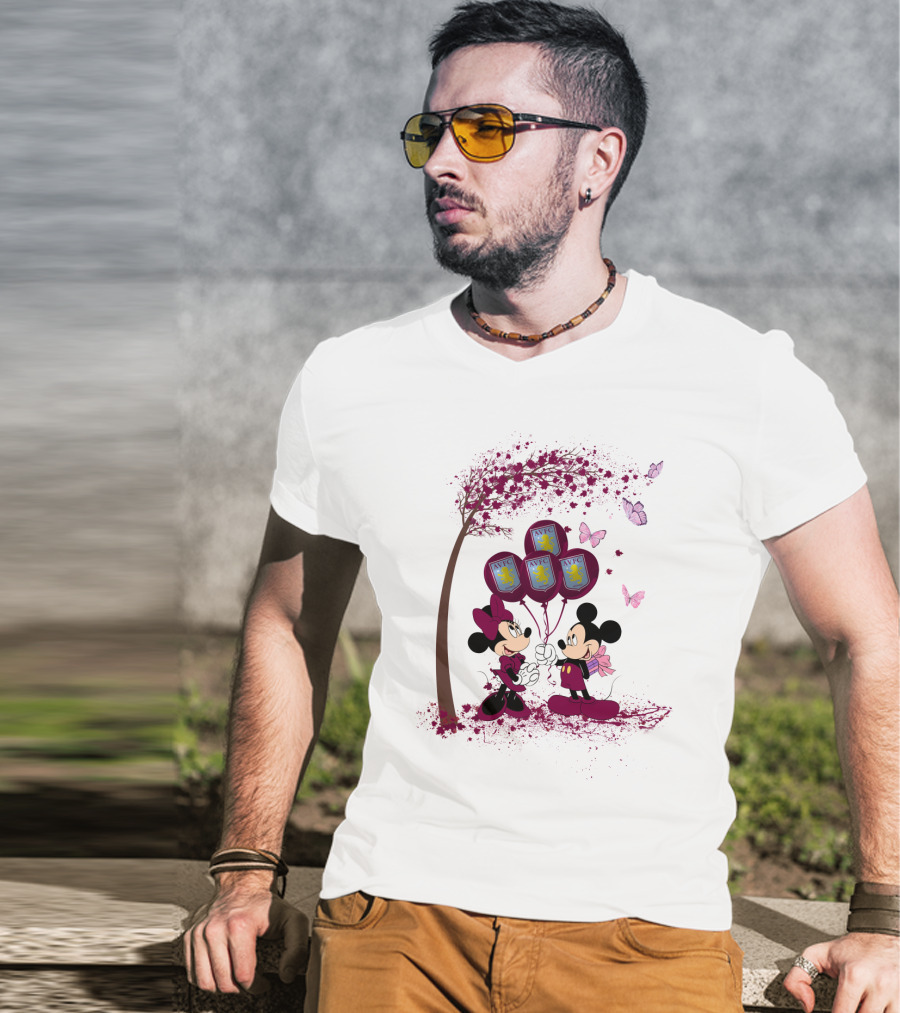 Aston Villa AVFC Balloons With Mickey And Minnie Under Cherry Blossom Tree T-Shirt