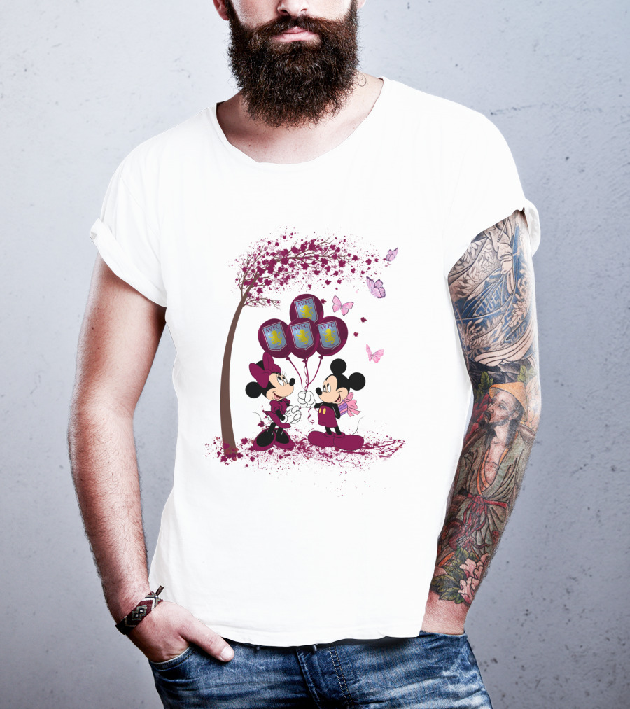 Aston Villa AVFC Balloons With Mickey And Minnie Under Cherry Blossom Tree T-Shirt