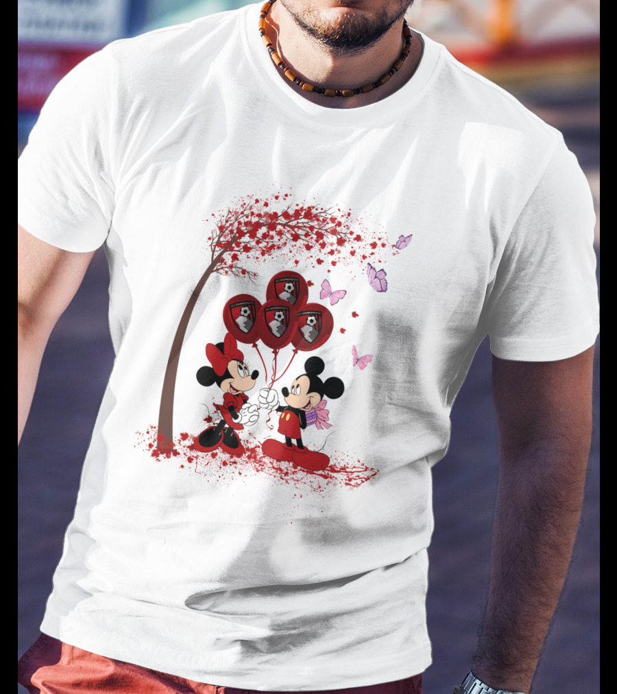 DH 29 Premier League AFC Bournemouth Mickey Minnie Balloons Tree Butterflies T-Shirt