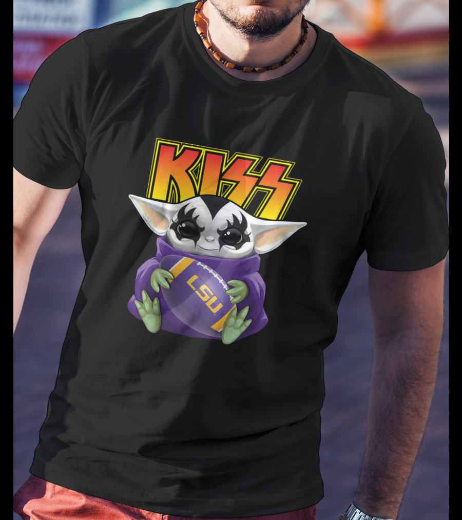 KISS Baby Yoda Holding LSU Tigers Football T-Shirt