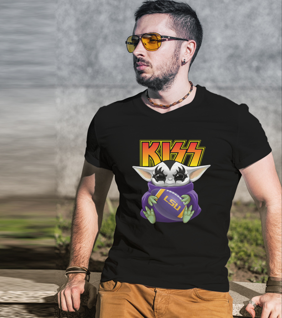 KISS Baby Yoda Holding LSU Tigers Football T-Shirt