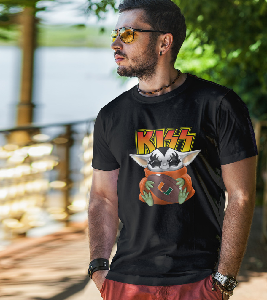 Kiss Baby Yoda Miami Hurricanes Football T-Shirt