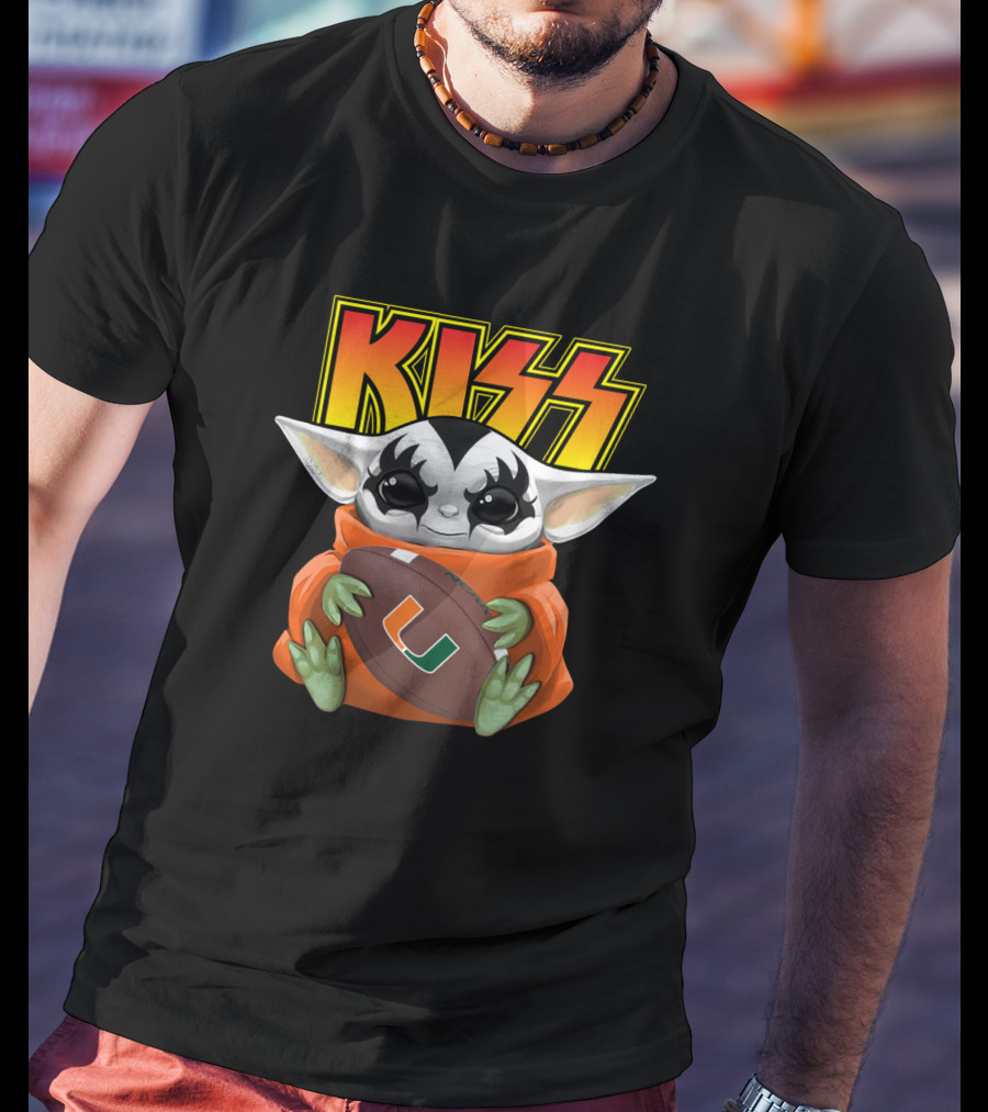 Kiss Baby Yoda Miami Hurricanes Football T-Shirt