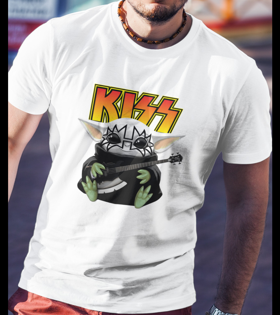 KISS Baby Yoda With Guitar In Tommy Thayer Makeup T-Shirt