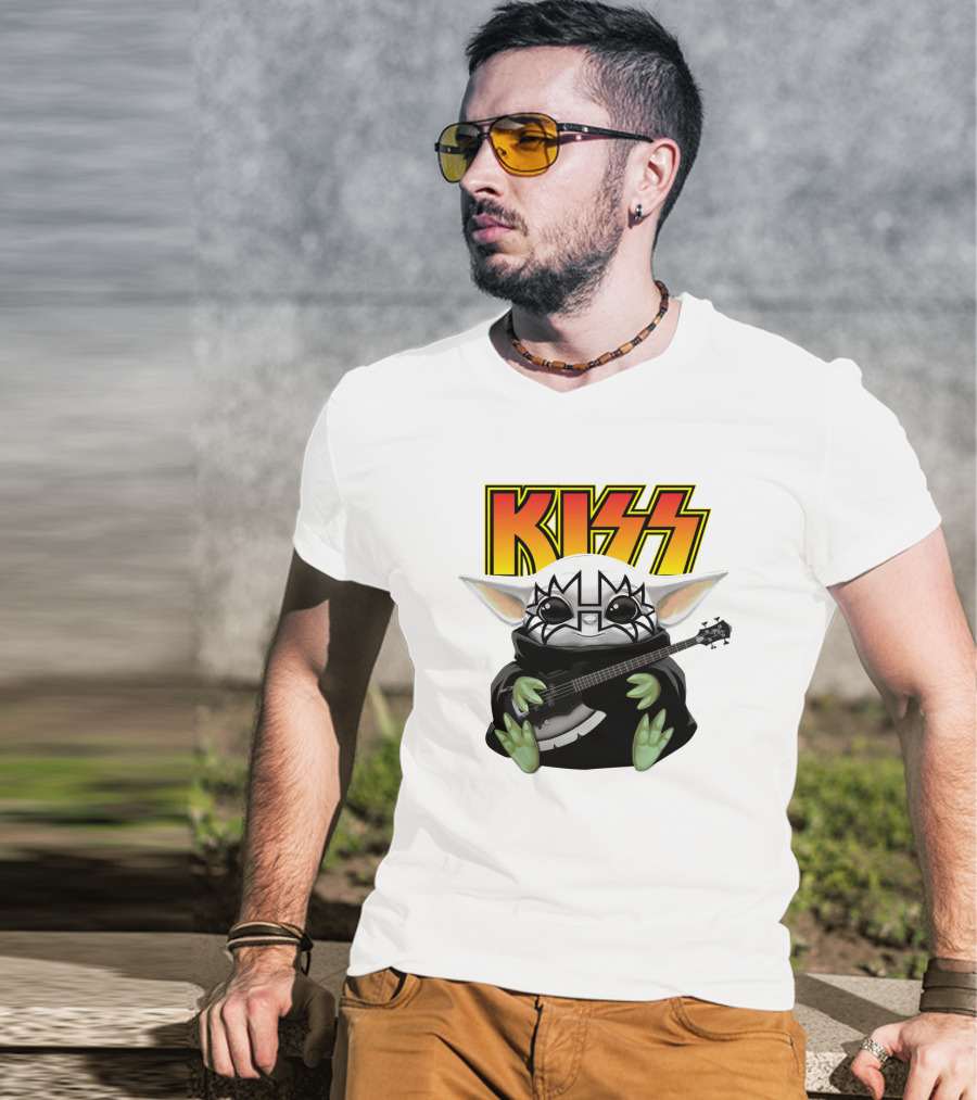 KISS Baby Yoda With Guitar In Tommy Thayer Makeup T-Shirt