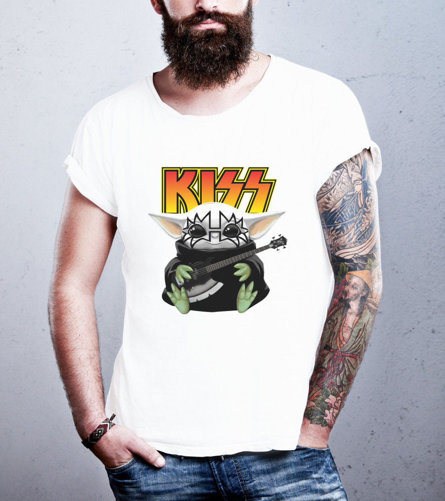 KISS Baby Yoda With Guitar In Tommy Thayer Makeup T-Shirt